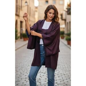 Vintage Chinese Silk Kimono Jacket Burgundy Black Frog Closure Rhinestone Lined